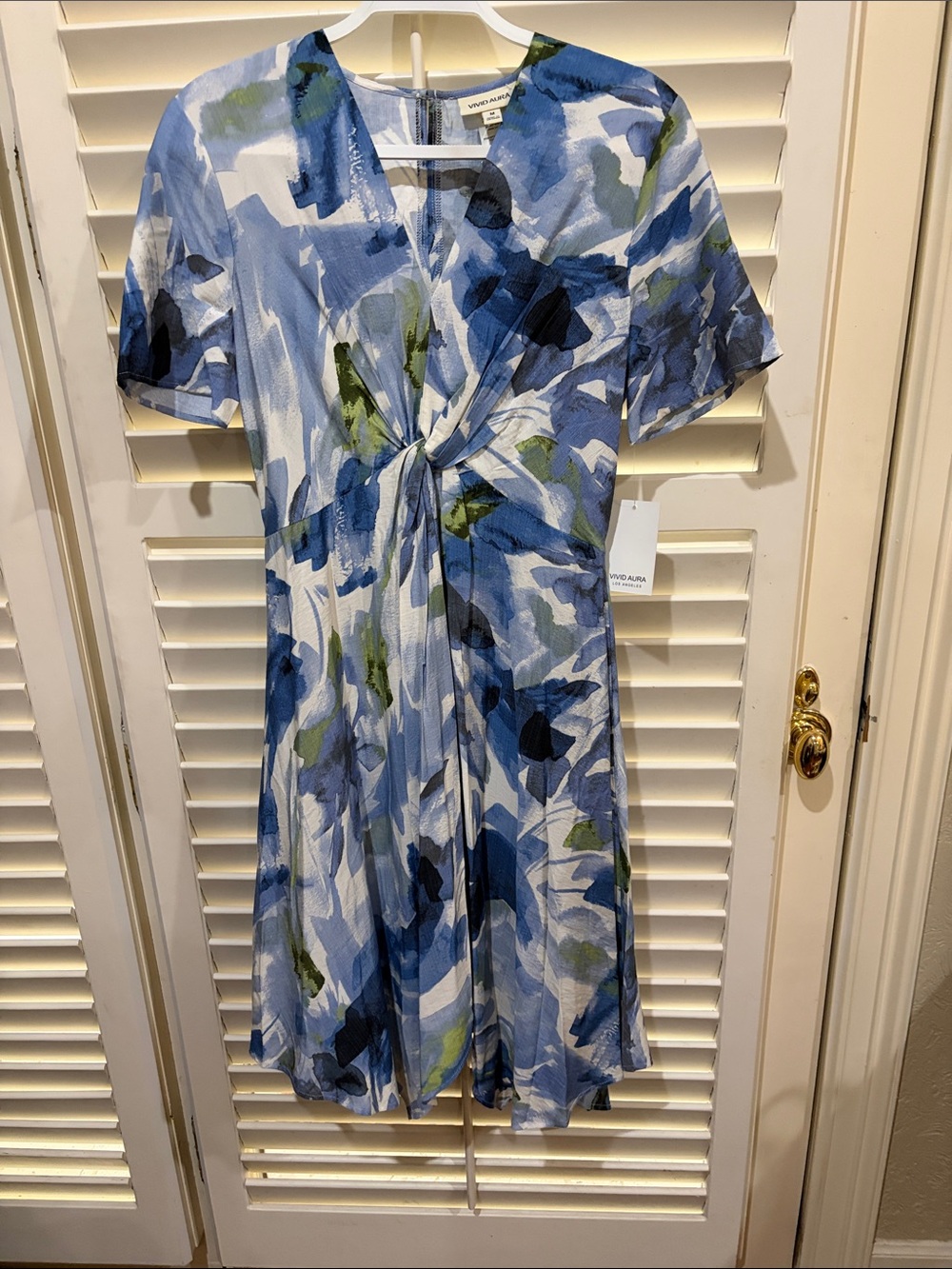 Vida Aura Blue Watercolor Knot-Front Dress. Medium NWT
